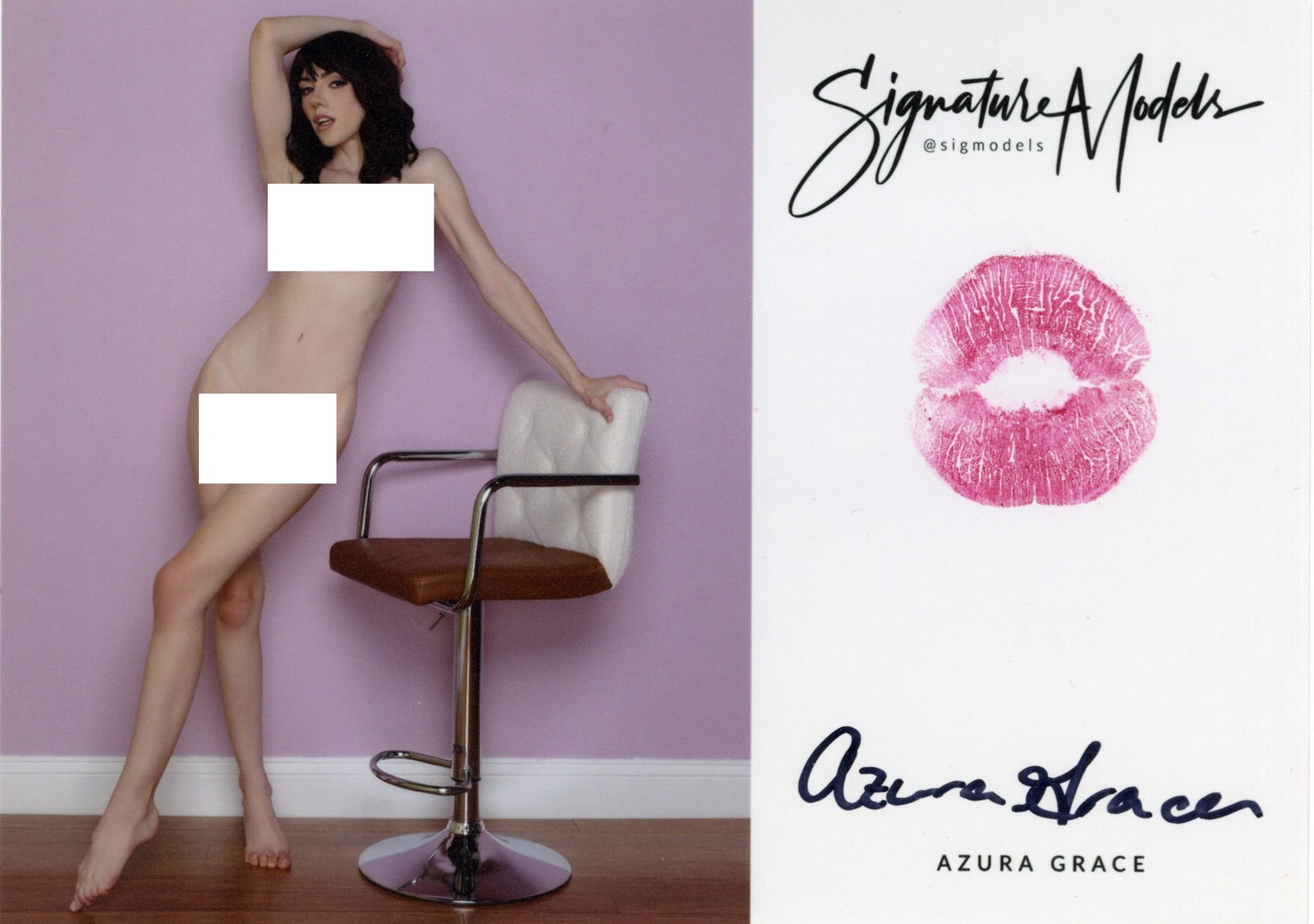 Azura Grace PLAYBOY / HUSTLER LIP PRINT KISS CARD In Person Signed Photo: Photo Size is 5x7. PRIVATE SIGNING. Azura Grace popular glamour model in person signed sexy nude portrait. She has also added a lip print. This was signed at an exclusive signing and photo shoot done 