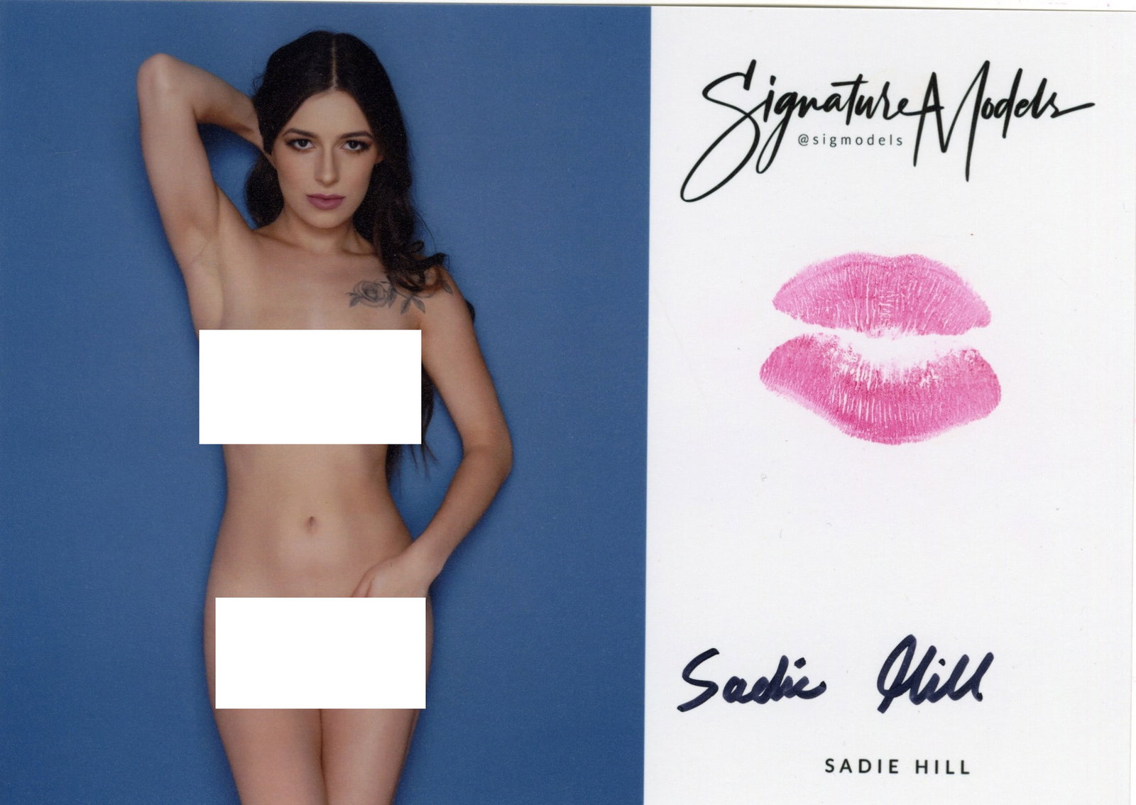 Sadie Hill LIP PRINT KISS CARD In Person Signed Photo: Photo Size is 5x7. PRIVATE SIGNING. Sadie HIll in person signed Signature Model. 5x7 Color In Person signed very sexy NUDE portrait. She added a lip print. This item was signed at an EXCLUSIVE signing