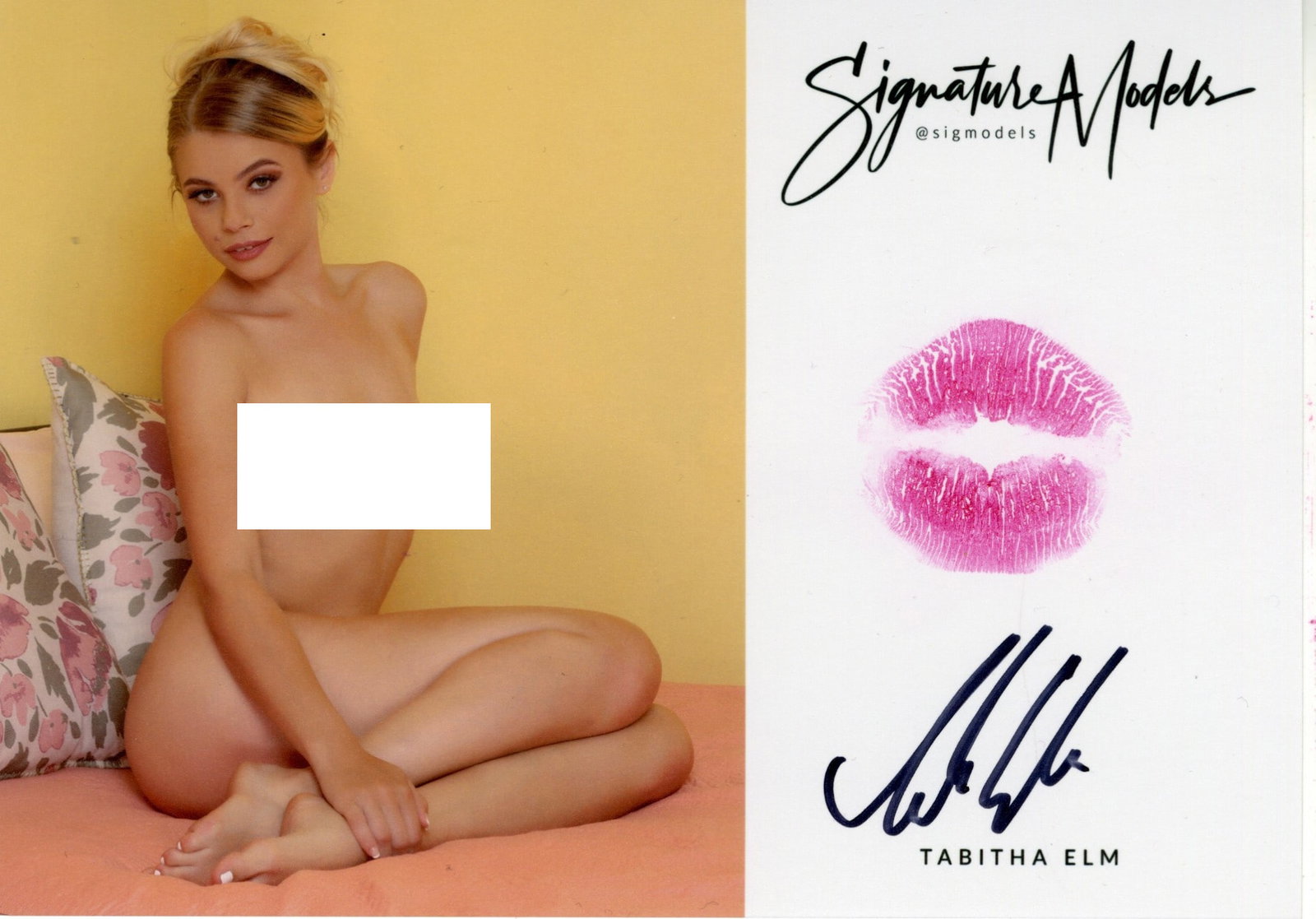 Tabatha Elm LIP PRINT KISS CARD In Person Signed Photo: Photo size is 5x7. PRIVATE SIGNING. Tabita Elm in person signed photo and kiss card. Playboy Model. 5x7 Color In Person signed very sexy portrait. She added a lip print. This item was signed at an EXC