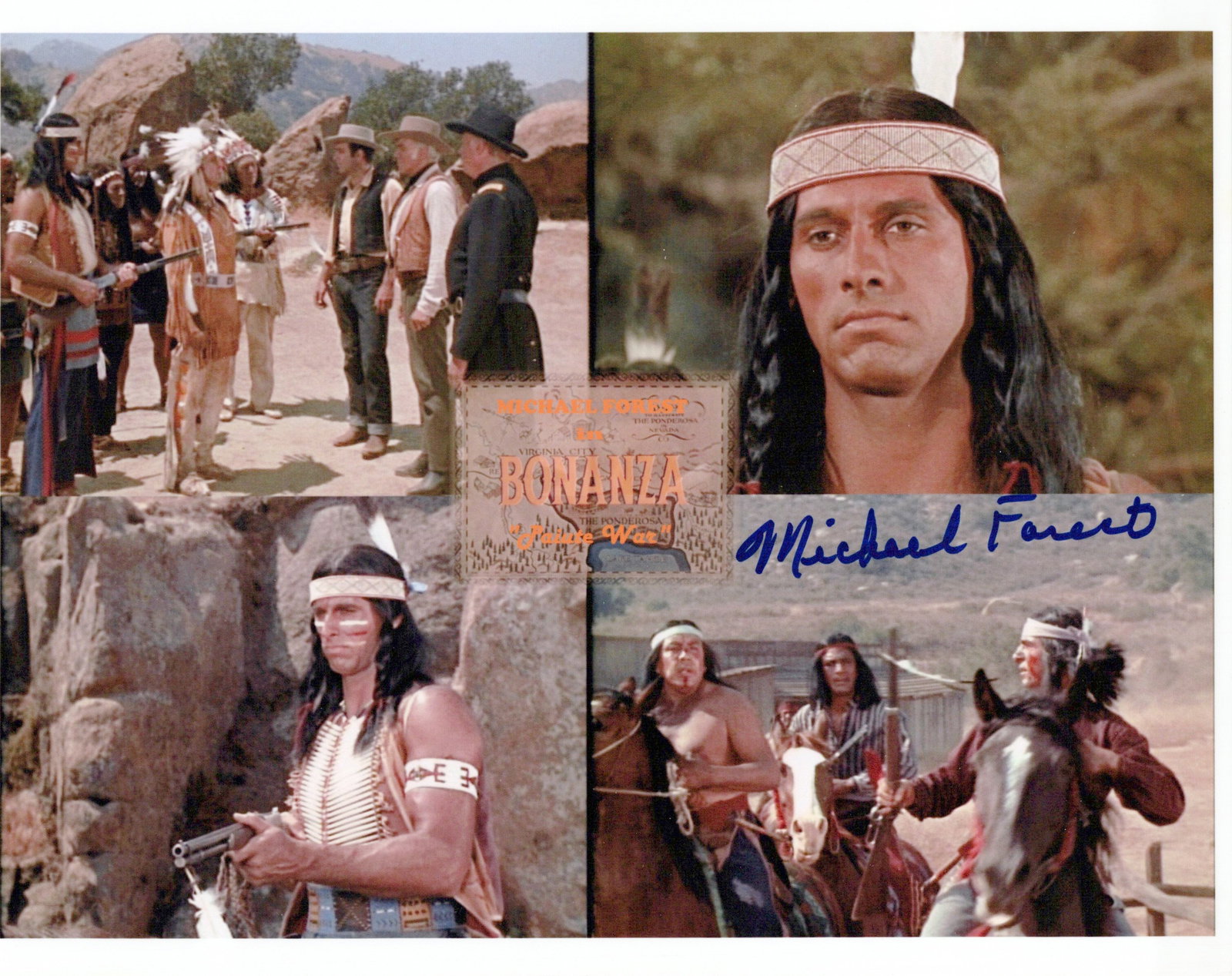 Michael Forest BONANZA In Person Signed Photo: Photo size is 8x10. Michael Forest in person signed photo from the TV series BONANZA. Michael Forrest as the character Wabuska.