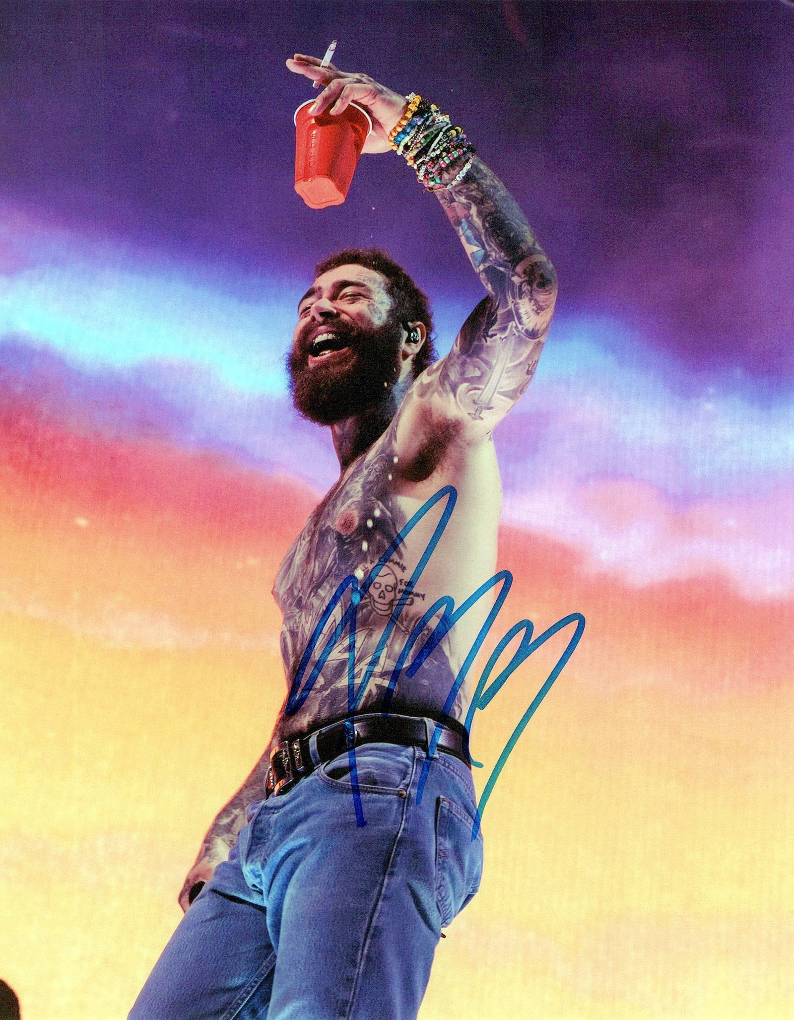 Post Malone MUSICIAN In Person Signeded Photo: Photo size is 8x10. Post Malone in person signed autographed photo. Austin Richard Post, known professionally as Post Malone, is an American rapper, singer, songwriter, and record producer. Known for 