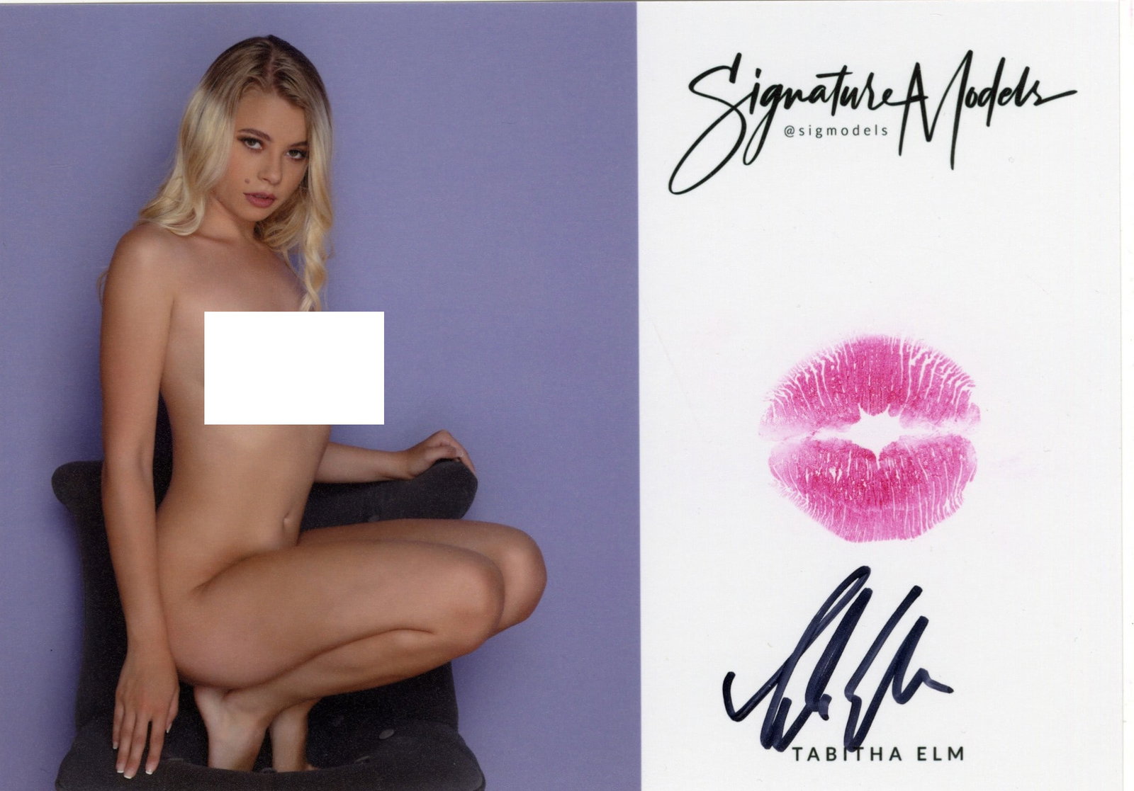 Tabitha Elm PLAYBOY LIP PRINT KISS CARD In Person Signed Photo: Photo size is 5x7. PRIVATE SIGNING. Tabitha Elm in person signed photo and kiss card. Playboy Cybergirl. 5x7 Color In Person signed very sexy portrait. She added a lip print. This item was signed at a