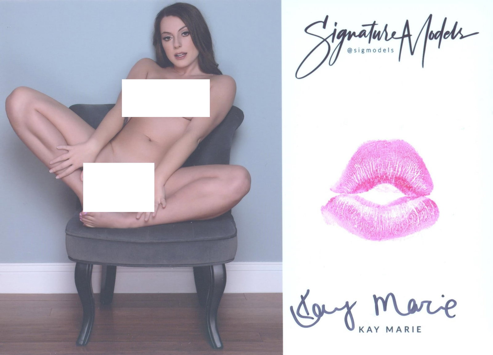 Kay Marie LIP PRINT KISS CARD In Person Signed Photo: Photo size is 5x7. PRIVATE SIGNING. PLEASENOTE; scanner issue. This is not faded but is as clear as all others I have sold. Kay Marie in person signed photo and kiss card. Kay Marie is a popular Glamo