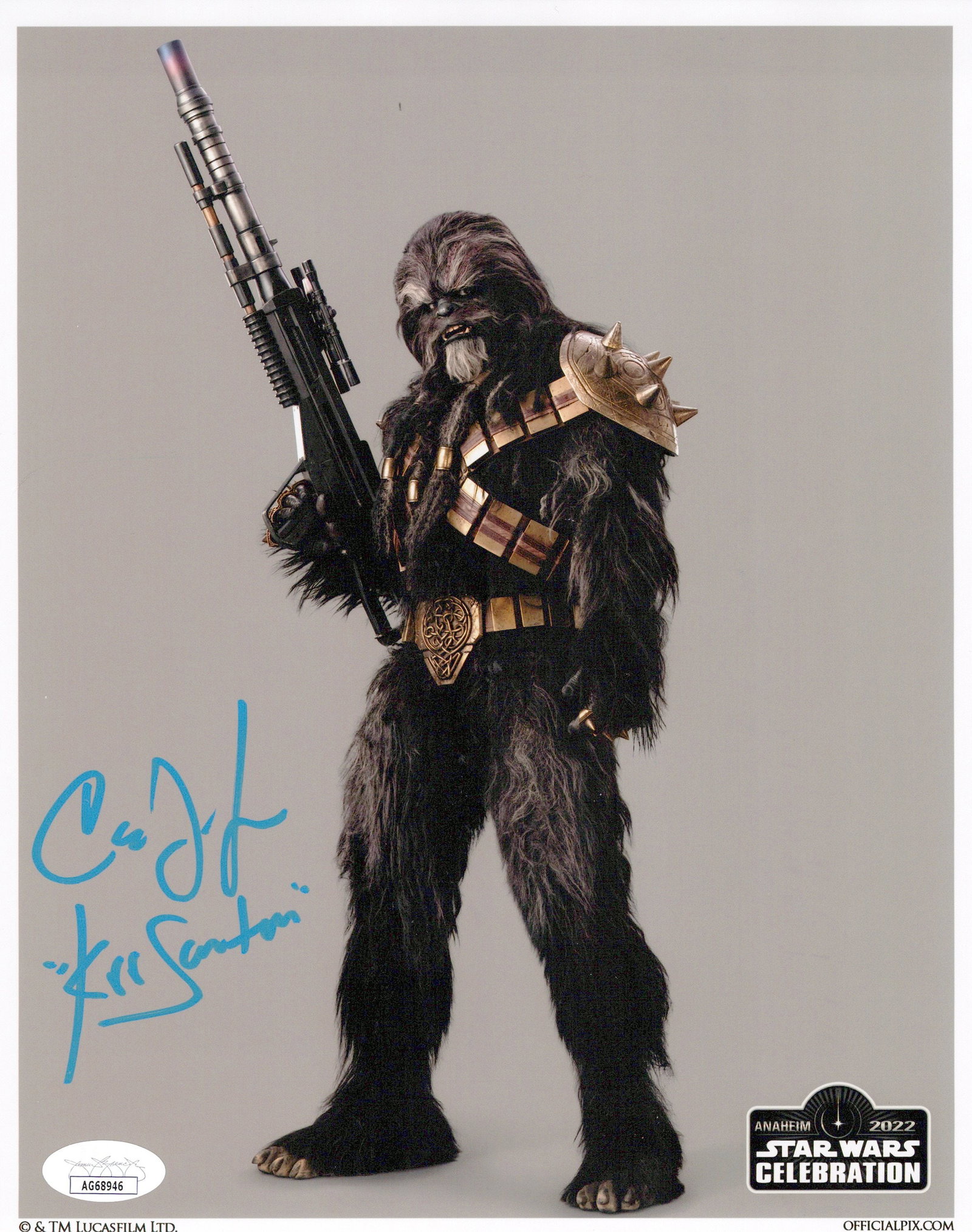 Carey Jones BOOK OF BOBA FETT In Person Signed Photo: Photo size is 8x10. PRIVATE SIGNING JSA AUTHENTICATED. Carey Jones in person signed photo from the TV series THE BOOK OF BOBA FETT. Carey Jones as the character Krrsantan