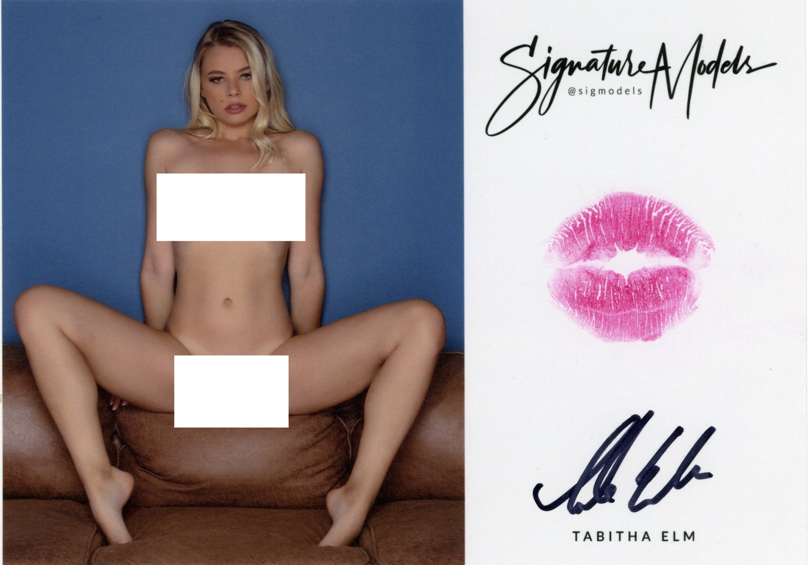 Tabatha Elm PLAYBOY LIP PRINT KISS CARD In Person Signed Photo: Photo size is 5x7. PRIVATE SIGNING. Tabita Elm in person signed photo and kiss card. Playboy Model. 5x7 Color In Person signed very sexy portrait. She added a lip print. This item was signed at an EXC