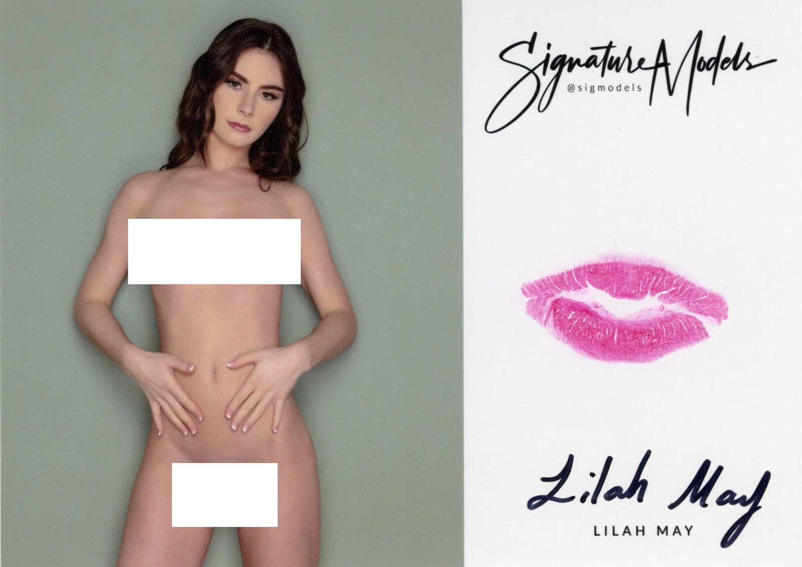 Lilah May LIP PRINT KISS CARD In Person Signed Photo: Photo Size is 5x7. PRIVATE SIGNING. Lilah May in person signed Signature Model. 5x7 Color In Person signed very sexy NUDE portrait. She added a lip print. This item was signed at an EXCLUSIVE signing 