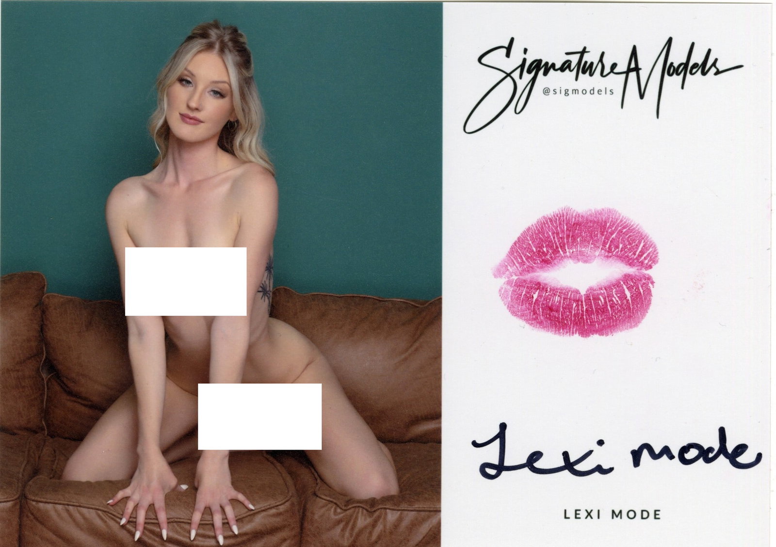 Lexi Mode LIP PRINT KISS CARD In Person Signed Photo: Photo Size is 5x7. PRIVATE SIGNING. Lexi Mode in person signed popular glamour model. 5x7 Color In Person signed very sexy NUDE portrait. She added a lip print. This item was signed at an EXCLUSIVE si