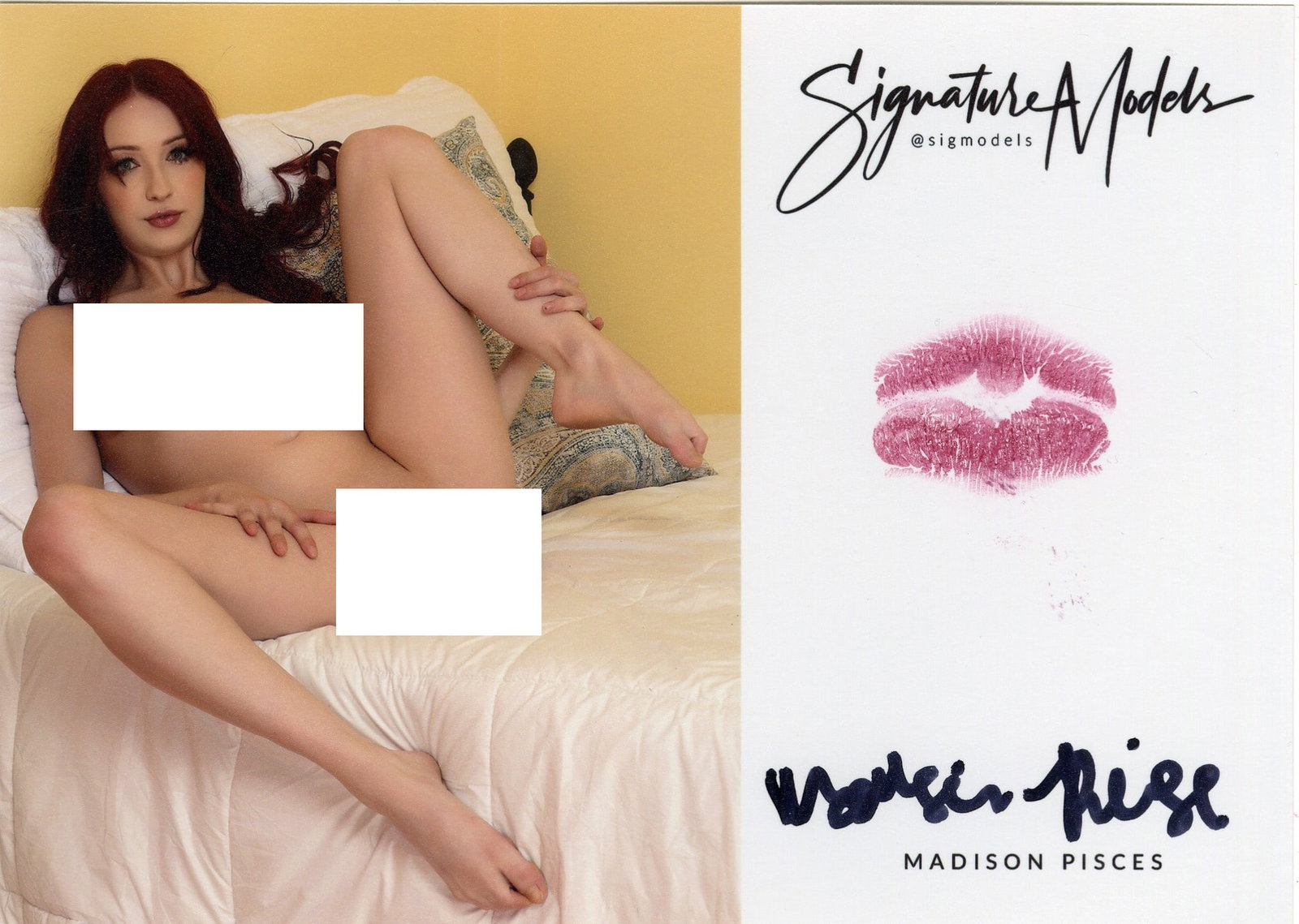 Madison Pisces LIP PRINT KISS CARD In Person Signed Photo: Photo Size is 5x7. PRIVATE SIGNING. Madison Pisces in person signed popular glamour model. 5x7 Color In Person signed very sexy NUDE portrait. She added a lip print. This item was signed at an EXCLUSI