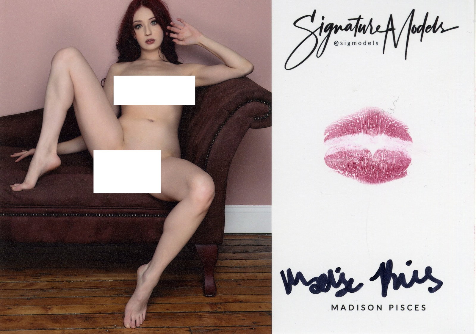 Madison Pisces LIP PRINT KISS CARD In Person Signed Photo: Photo Size is 5x7. PRIVATE SIGNING. Madison Pisces in person signed popular glamour model. 5x7 Color In Person signed very sexy NUDE portrait. She added a lip print. This item was signed at an EXCLUSI