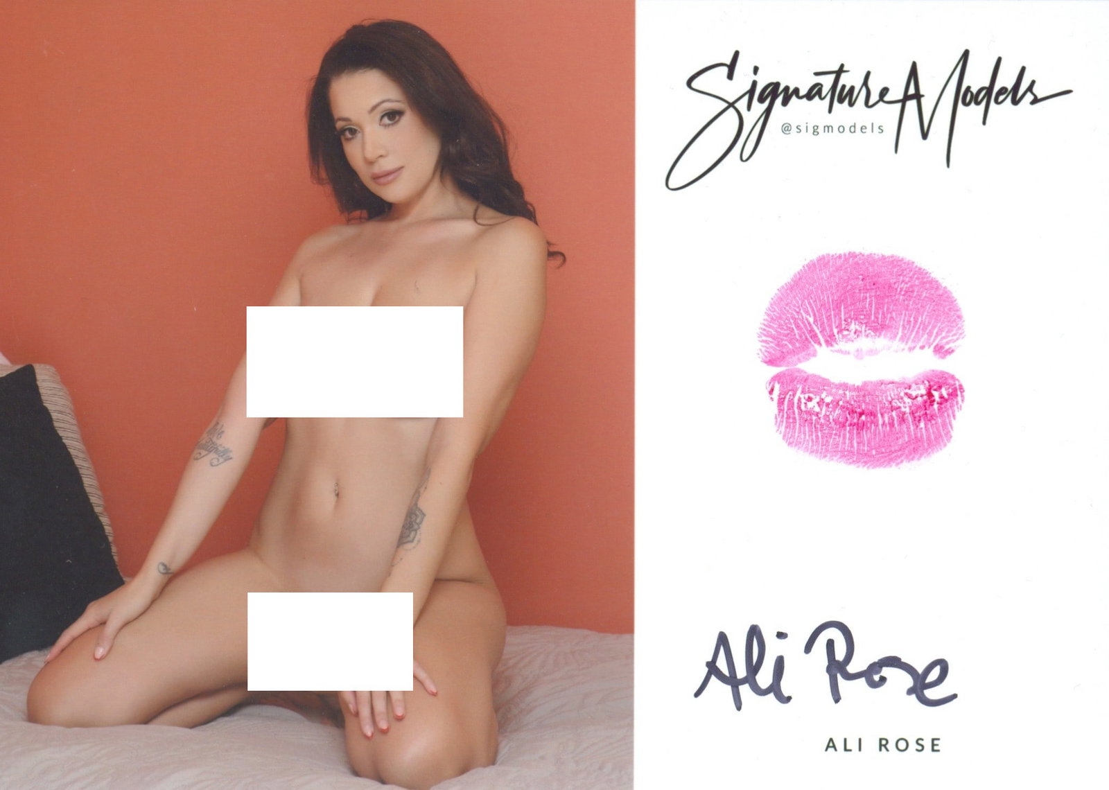 Ali Rose LIP PRINT KISS CARD In Person Signed Photo: Photo size is 5x7. PRIVATE SIGNING. Ali Rose color in person signed sexy nude portrait. Ali Rose is a Playboy Playmate. She added a lip print. This item was signed at an exclusive signing in photo sho