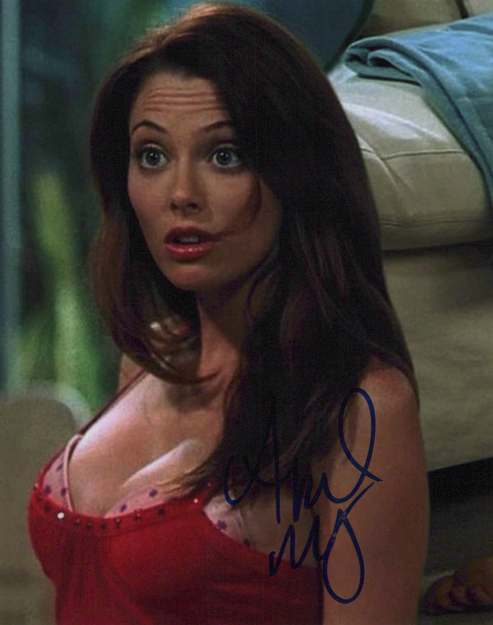 April Bowlby 2 1/2 MEN In Person Signed Photo: Photo size is 8x10. April Bowlby in person signed photo from the TV series TWO AND A HALF MEN. April Bowlby as a character Kandi. IMPERFECTIONS: grainy image priced accordingly