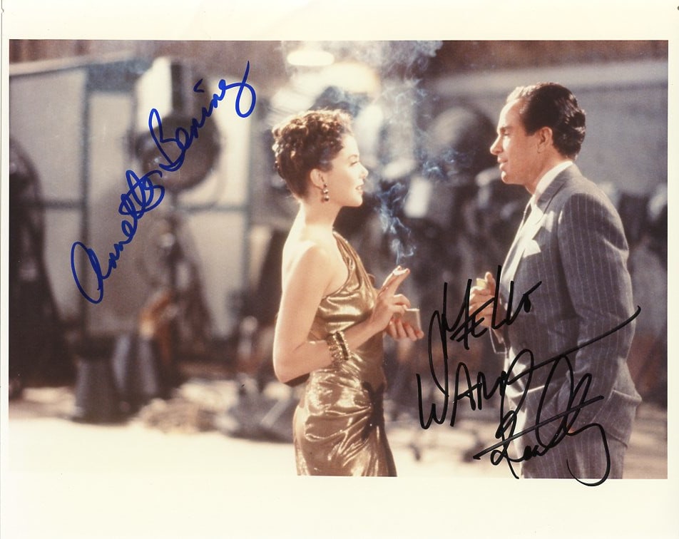 Warren Beatty / Annette Benning BUGSY Signed Photo: Photo size is 8x10. Warren Beatty / Annette Benning signed photo from the movie BUGSY. Warren Beatty as the character Bugsy Siegel. Annette Benning as the character Virginia Hill.