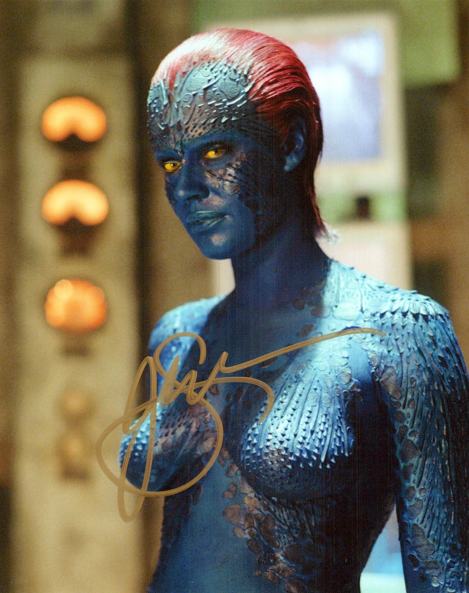 Jennifer Lawrence X-MEN In Person Signed Photo: Photo size is 8x10. Jennifer Lawrence in person signed photo from the movie X-MEN FIRST CLASS. Jennifer Lawrence as the character Mystique