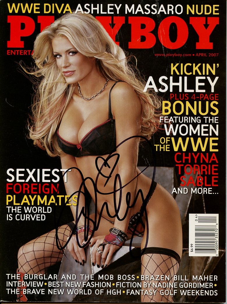 Ashley Massaro (1979-2019) FULL ISSUE Signed Playboy Magazine: FULL Issue of Playboy. This is a full signed copy of Playboy signed by the cover model Ashley Massaro (1979-2019). Issue April 2007.
