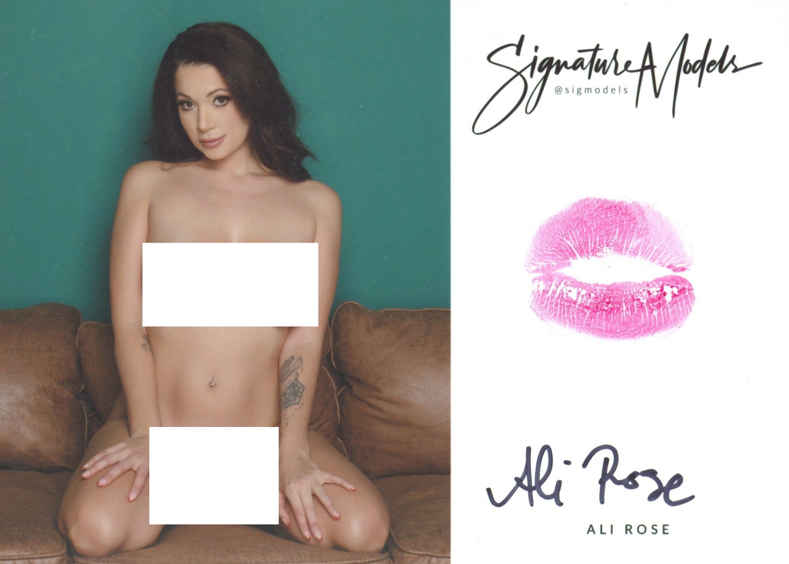 Ali Rose LIP PRINT KISS CARD In Person Signed Photo: Photo size is 5x7. PRIVATE SIGNING. Ali Rose color in person signed sexy nude portrait. Ali Rose is a Playboy Playmate. She added a lip print. This item was signed at an exclusive signing in photo sho