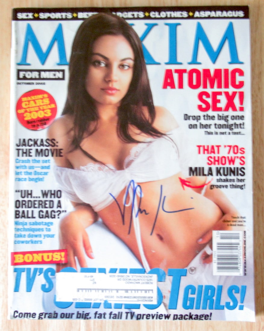 Mila Kunis Full Maxim Magazine In Person Signed: This is a full issue of Maxim Magazine signed by cover model Mila Kunis. Issue October 2002