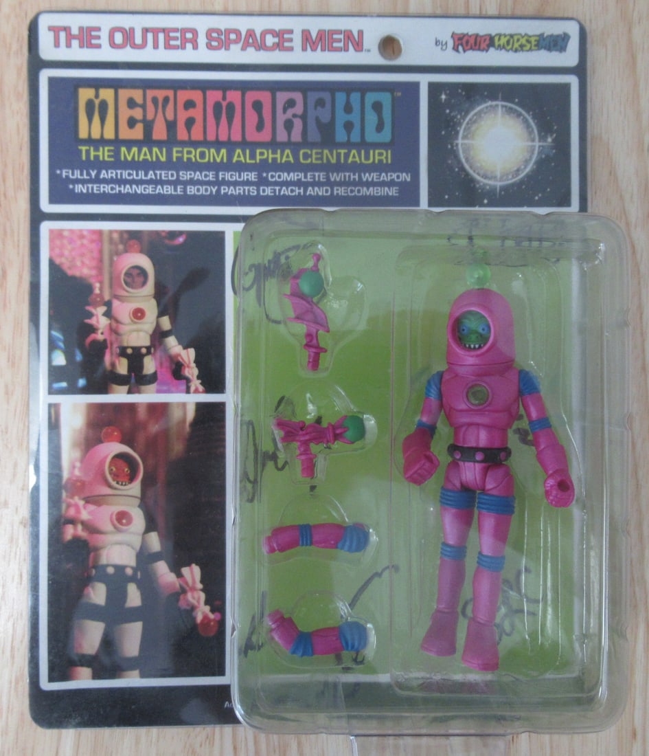 Signed by 6 Four Horsemen Outer Space Men METAMORPHO Signed Variant SDCC 2010 Action Figure MOC: Tis is a highly collectible and rare multi-signed variant of the 2010 The Outer Space Men: Metamorpho action figure! This fully articulated "Man from Alpha Centauri" space figure was produced by the l
