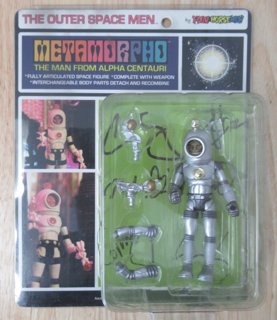Singed by 5 The Outer Space Men METAMORPHO Signed Four Horsemen Mel Birnkrant 2010 MOC New: Item Specifics:Character: Metamorpho (The Man from Alpha Centauri)Franchise: The Outer Space MenManufacturer: Four Horsemen StudiosYear Released: 2010Condition: New in original packaging (Mint on Card