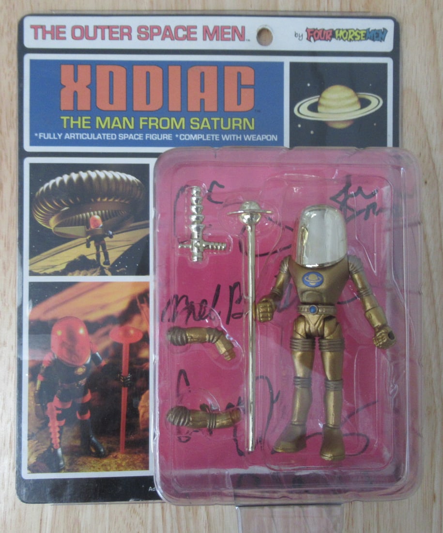 Signed by 5 The Outer Space Men 2010 XODIAC SIGNED Gold Variant Four Horsemen Colorforms MOC: Rare, factory-sealed 2010 Xodiac "The Man from Saturn" (Gold Variant) action figure. This highly collectible figure was produced by the legendary Four Horsemen Studios in collaboration with Colorforms