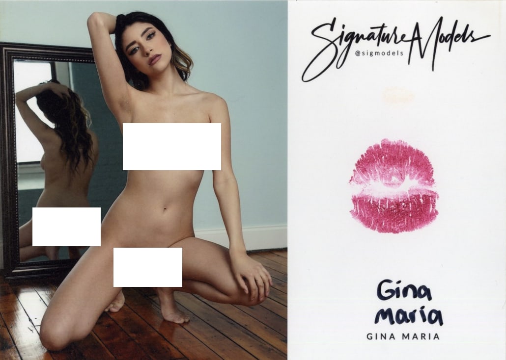 Gina Maria PLAYBOY / HUSTLER KISS CARD In Person Signed Photo: Photo size is 5x7. PRIVATE SIGNING. Gina Maria nude in person signed autographed photo. Gina Maria is a Playboy and Hustler model. This was from a private photo shoot and signing done on July 15, 2021