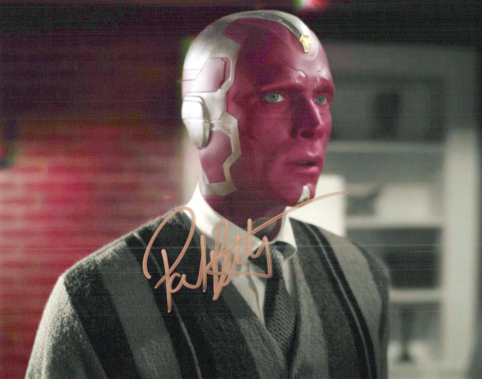 Paul Bettany WANDAVISION In Person Signed Photo: Photo size is 8x10. Paul Bettany in person signed autographed photo from the TV series WANDAVISION. Paul Bettany as the character The Vision.