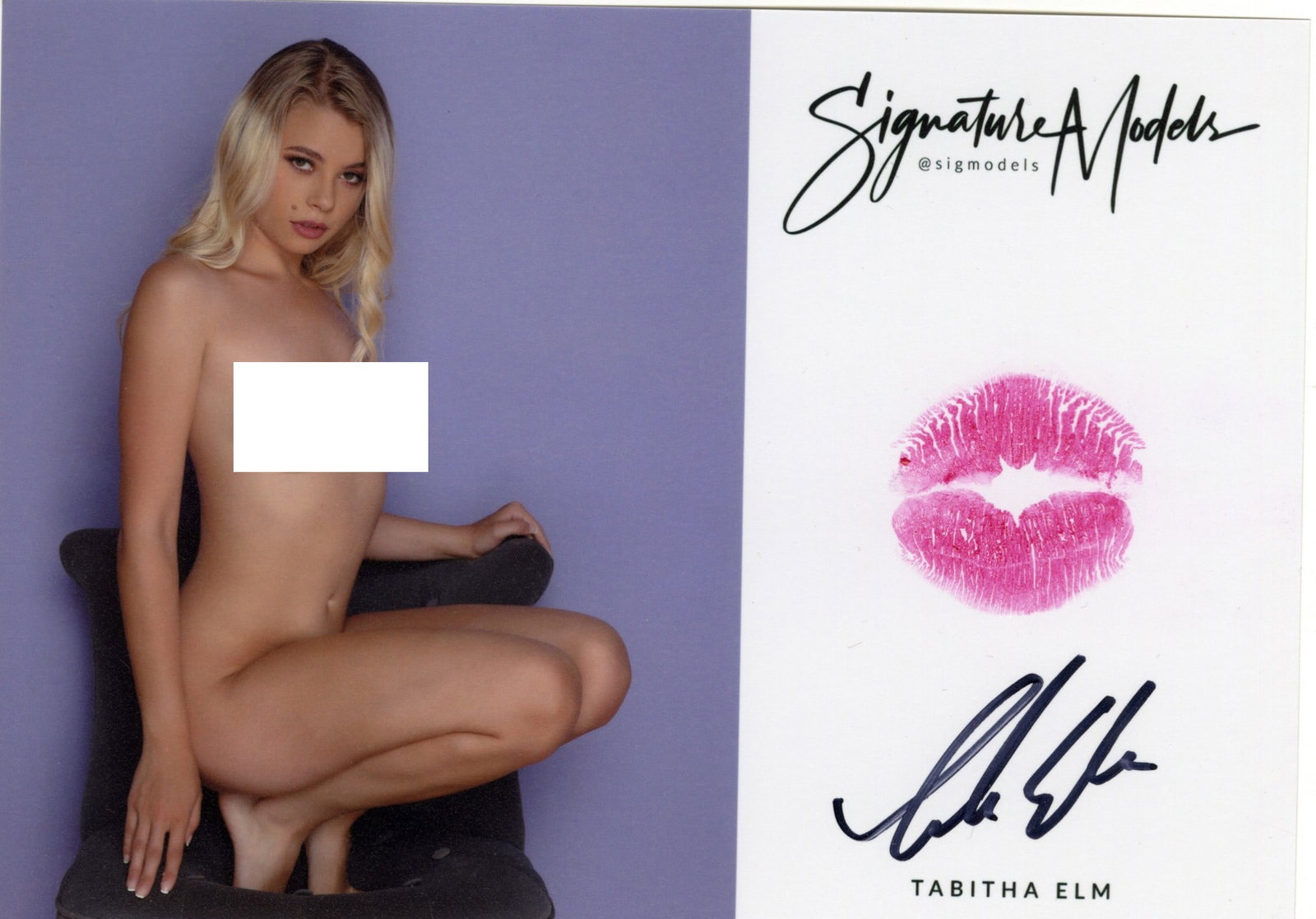 Tabitha Elm PLAYBOY LIP PRINT KISS CARD In Person Signed Photo: Photo size is 5x7. PRIVATE SIGNING. Tabitha Elm in person signed photo and kiss card. Playboy Cybergirl. 5x7 Color In Person signed very sexy portrait. She added a lip print. This item was signed at a
