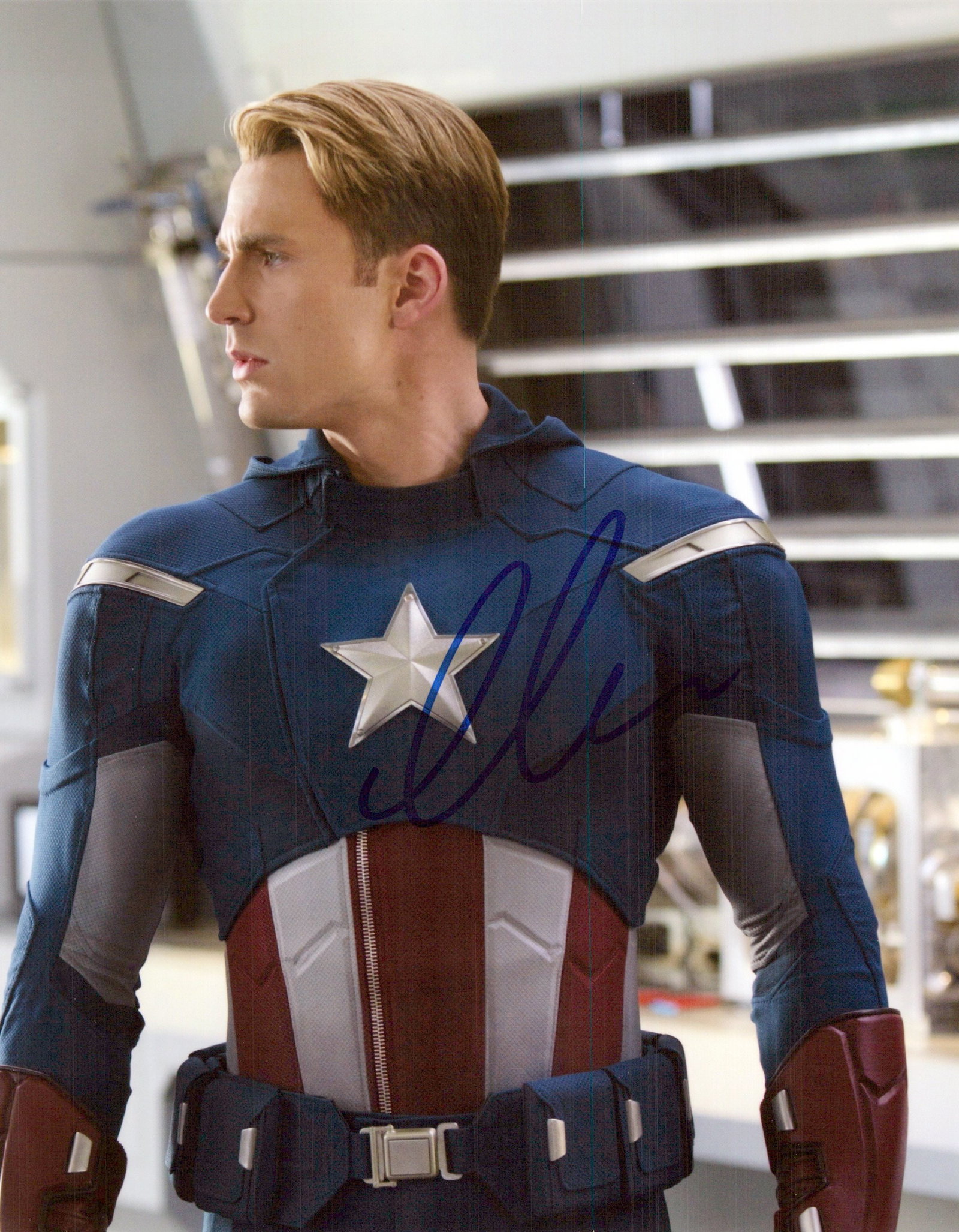Chris Evans AVENGERS In Person Signed Photo: Photo size is 8x10. Chris Evans in person signed autographed photo from the movie THE AVENGERS. Chris Evans as the character Steve Rogers / Captain America.