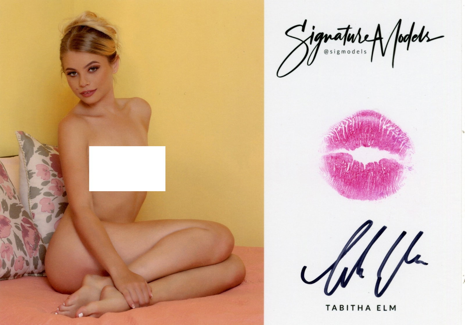 Tabitha Elm PLAYBOY LIP PRINT KISS CARD In Person Signed Photo: Photo size is 5x7. PRIVATE SIGNING. Tabitha Elm in person signed photo and kiss card. Playboy Cybergirl. 5x7 Color In Person signed very sexy portrait. She added a lip print. This item was signed at a