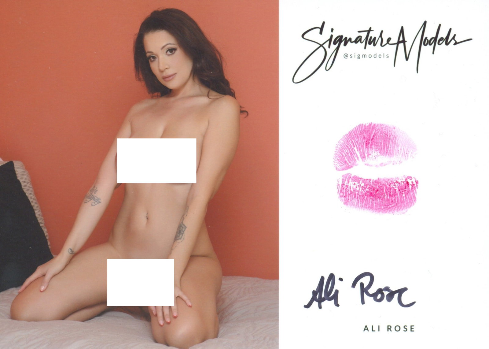 Ali Rose PLAYBOY LIP PRINT KISS CARD In Person Signed Photo: Photo size is 5x7. PRIVATE SIGNING. Ali Rose color in person signed sexy nude portrait. Ali Rose is a Playboy Playmate. She added a lip print. This item was signed at an exclusive signing in photo sho