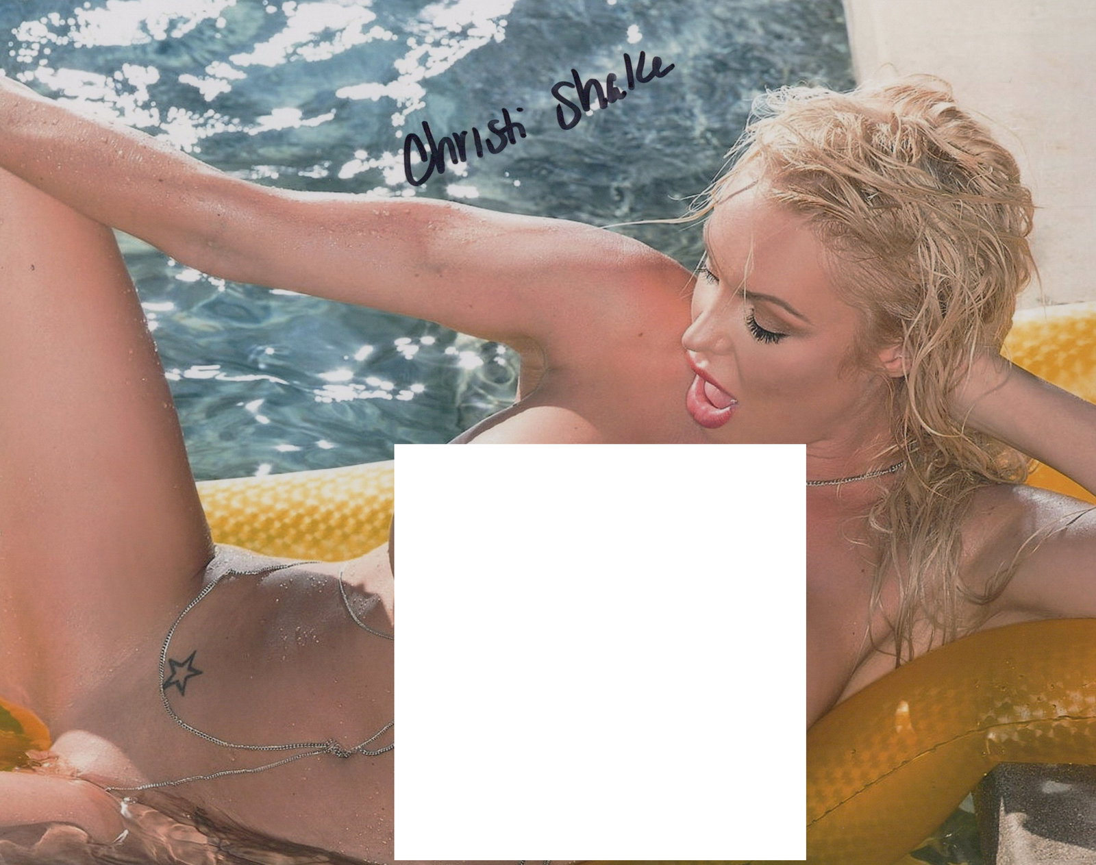 Christi Shake PLAYBOY PMOTM In Person Signed Photo: Photo size is 8x10. PRIVATE SIGNING. Christi Shake in person signed autographed photo. Christi Shake was Playboy playmate of the month May 2002.