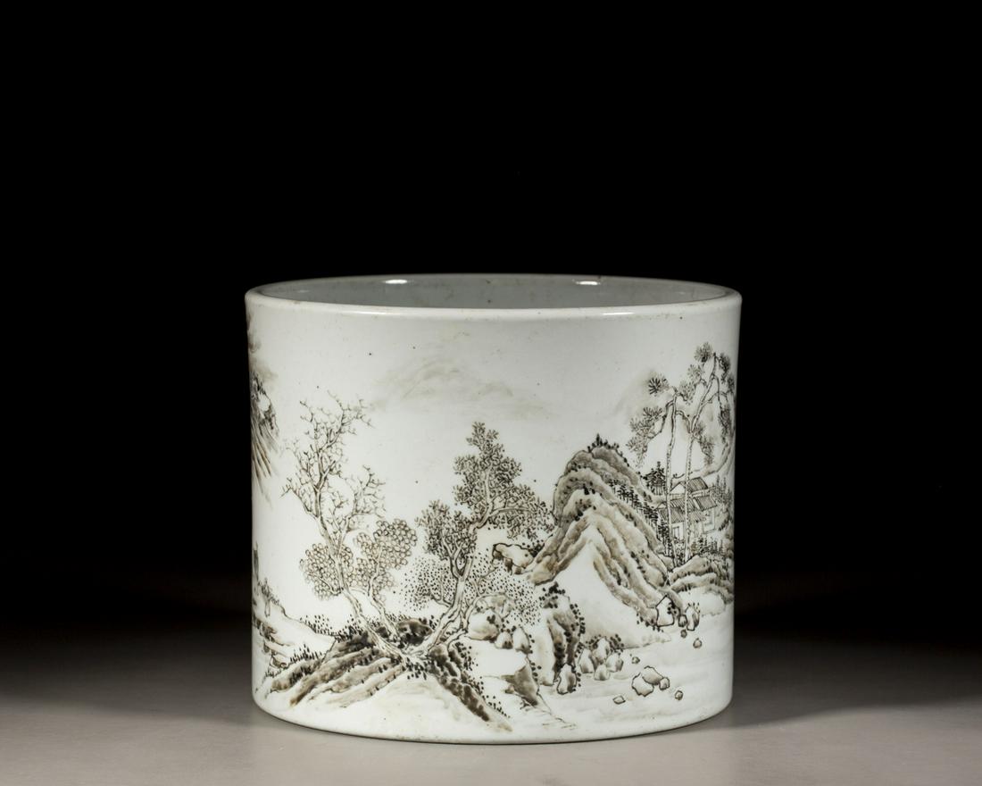 A CHINESE INK GLAZED LANDSCAPE BRUSH POT, EARLY QING DYNASTY (1 of 9)