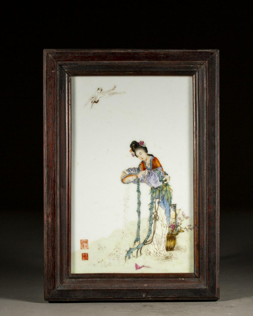 A CHINESE FAMILLE ROSE PORCELAIN PLAGUE WITH ROSEWOOD FRAME, QING DYNASTY (1 of 5)