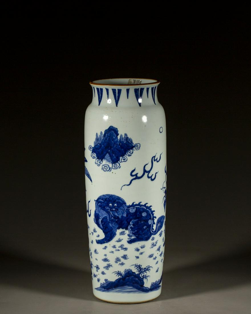 A CHINESE BLUE AND WHITE KYLIN VASE, QING DYNASTY (1 of 6)