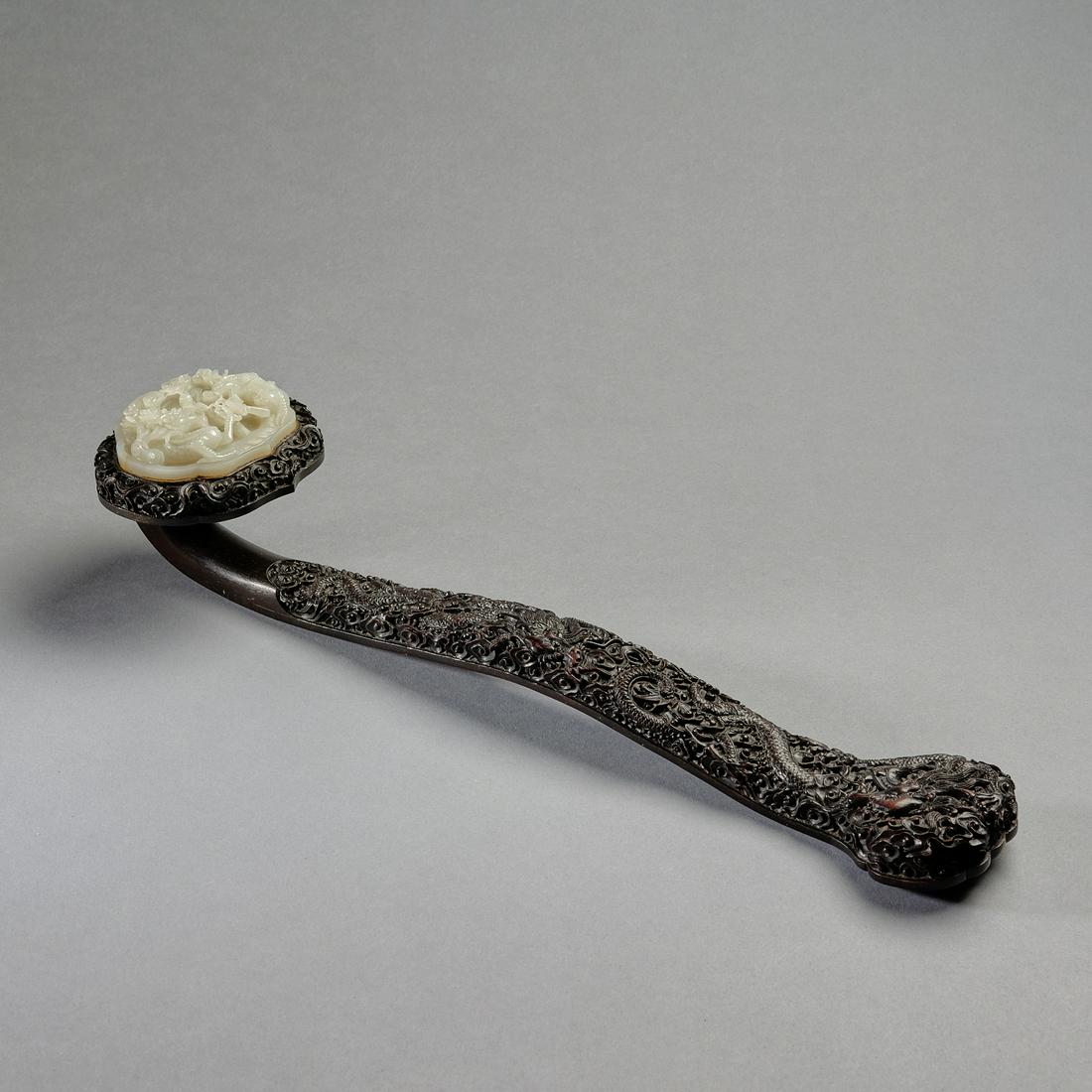 A WHITE JADE-INSET WOOD RUYI SCEPTRE, MING-QING DYNASTY (1 of 7)