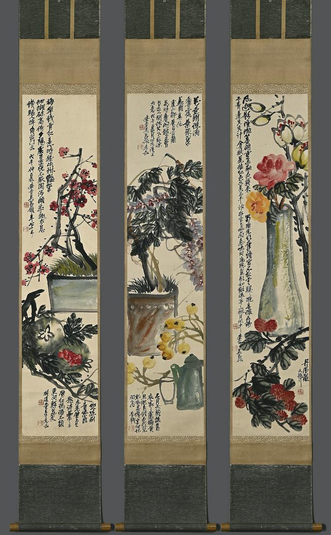 A SET OF THREE CHINESE HANGING SCROLL OF  FLOWER PAINTINGS ATTRIBUTE TO WU CHANGSHUO (1844-1927) (1 of 9)