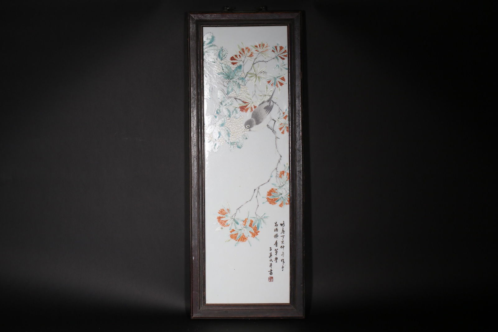 A CHINESE FAMILLE ROSE WOOD FRAME BIRDS AND FLOWERS  PORCELAIN PLAGUE, QING DYNASTY (1 of 5)