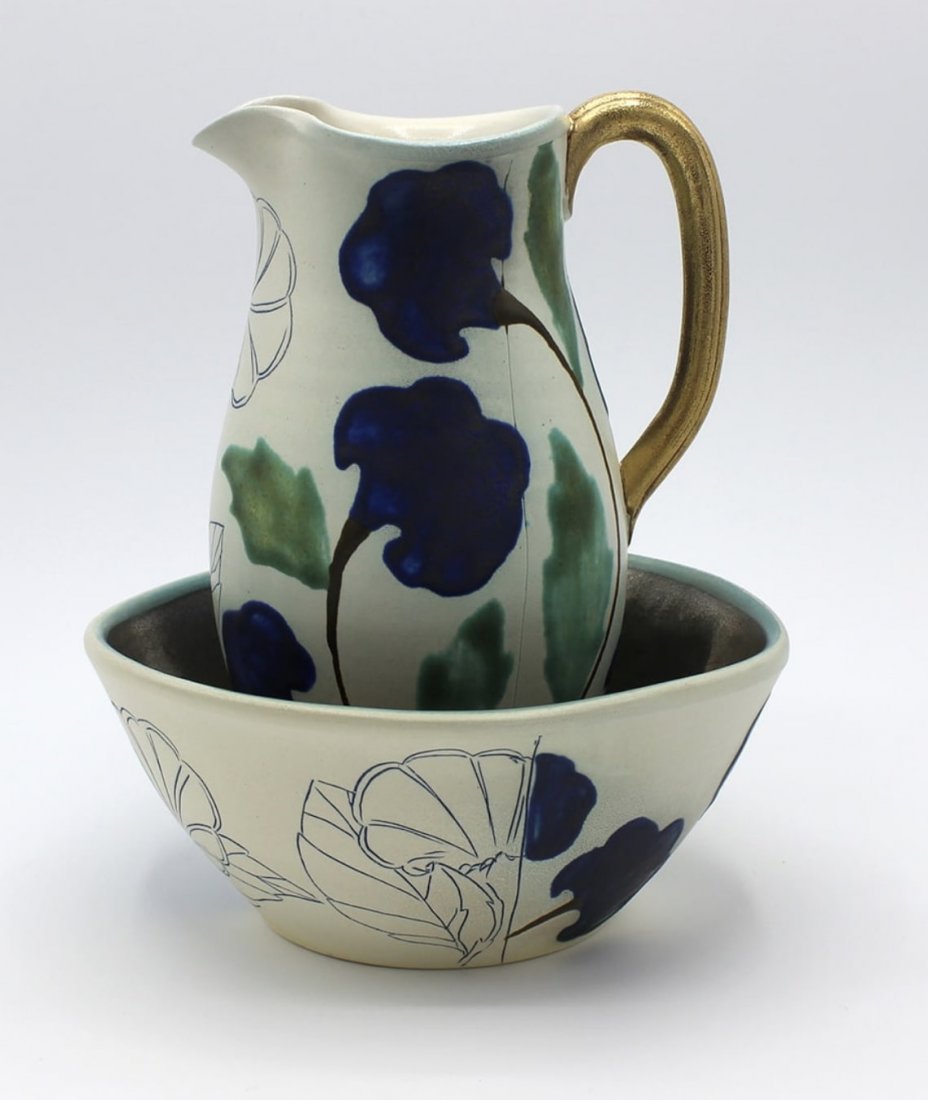 Julia Galloway | Pitcher in a Bowl: Julia Galloway Pitcher in a Bowl 2021 Porcelain, wheel thrown, decorated with slip inlay, glaze and luster Approx. dims: 8 x 7 x 7 Julia Galloway is a utilitarian potter and professor. She teaches cer