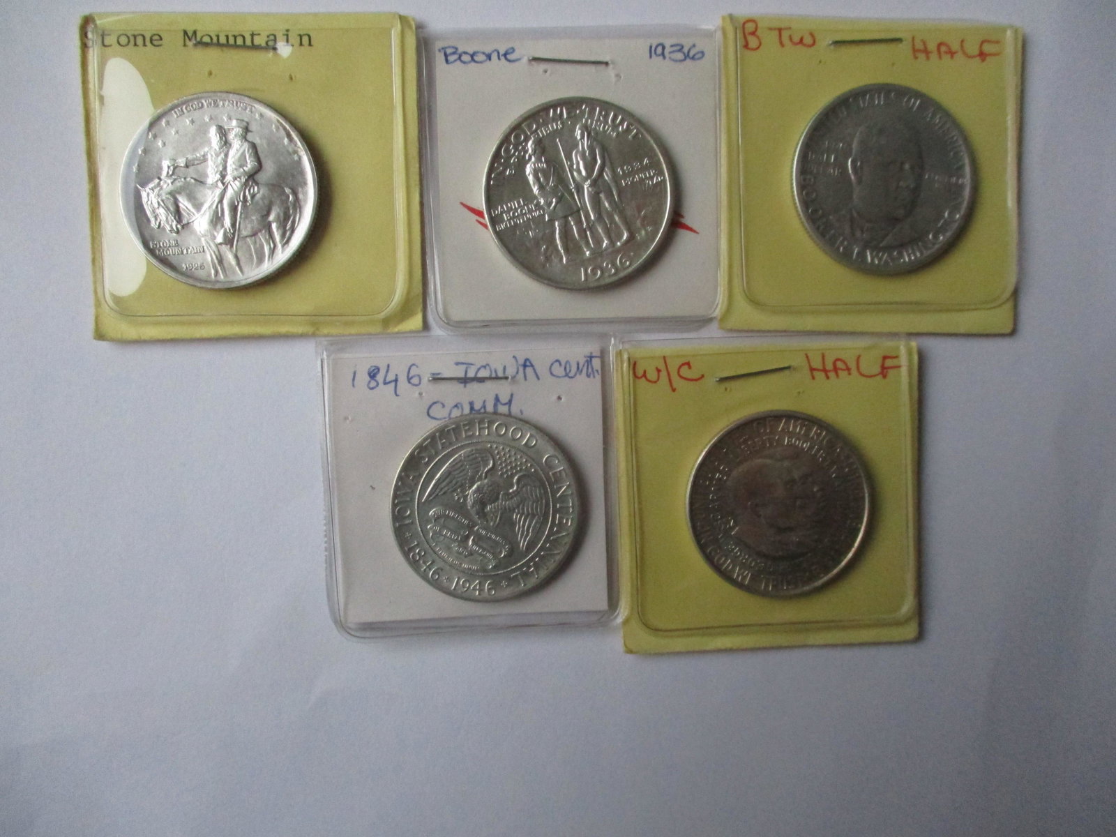 1920s, 30s and 40s Commemorative Halfs: 1926 Stone Mountain, 1936 Daniel Boone, 1946 Booker T. Washington, 1946 Iowa and 1952 George W. Carver and Booker T. Washington Commemorative Half Dollars