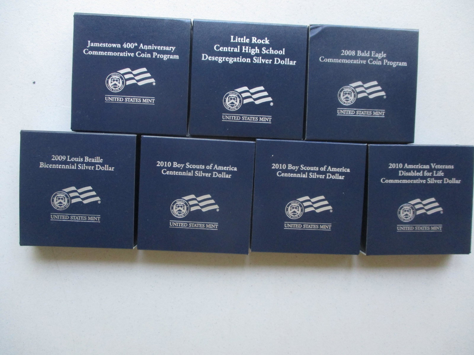 2007-2010 Commemorative Silver Coins: 2007 Little Rock Desegregation and Jamestown, 2008 Bald Eagle, 2009 Louis Braille, (2) 2010 Boy Scout and 2010 Disabled American Veterans Commemorative Coins