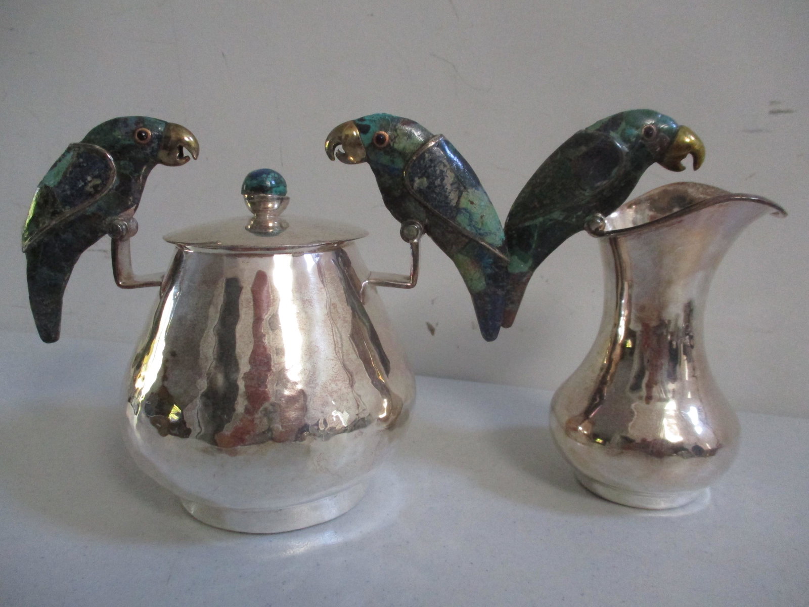 Mexican Silver Hammered Creamer & Sugar - Enamel: Los Castillo Made in Mexico Taxco Platendo - 20 troy ounces