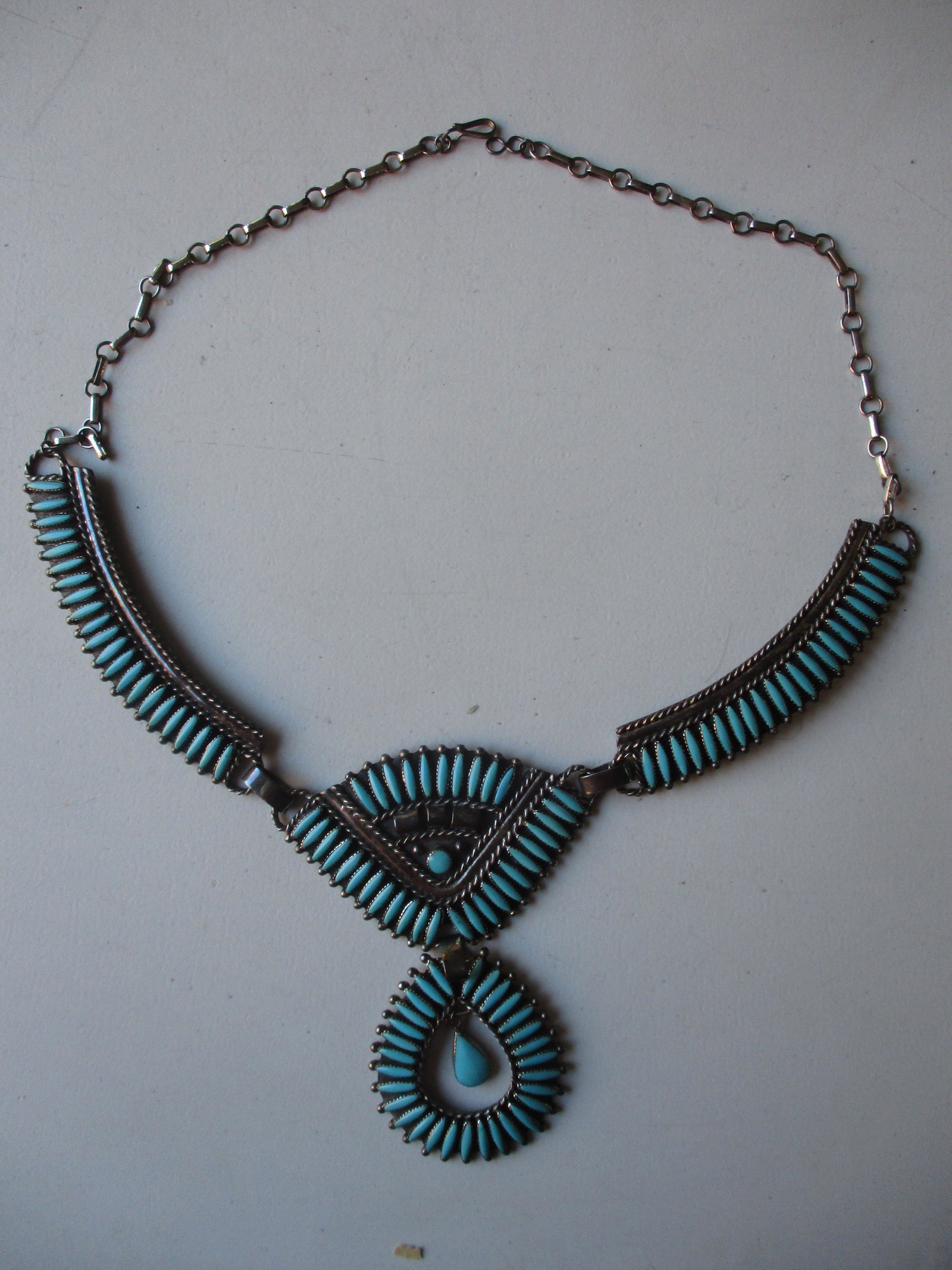 Native American Sterling & Turquoise Necklace Squash: Marked TA-F and Sterling - 22 1/2"