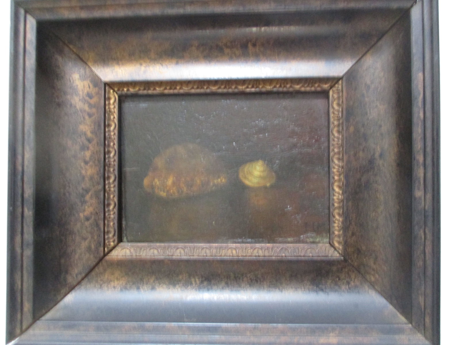 Seashell and Stone Signed "MM" Oil on Plank: Artist Herman Heuff and Other Dutch writing on back - Art: 3 1/2" x 5" - Frame: 7" x 8 1/2"