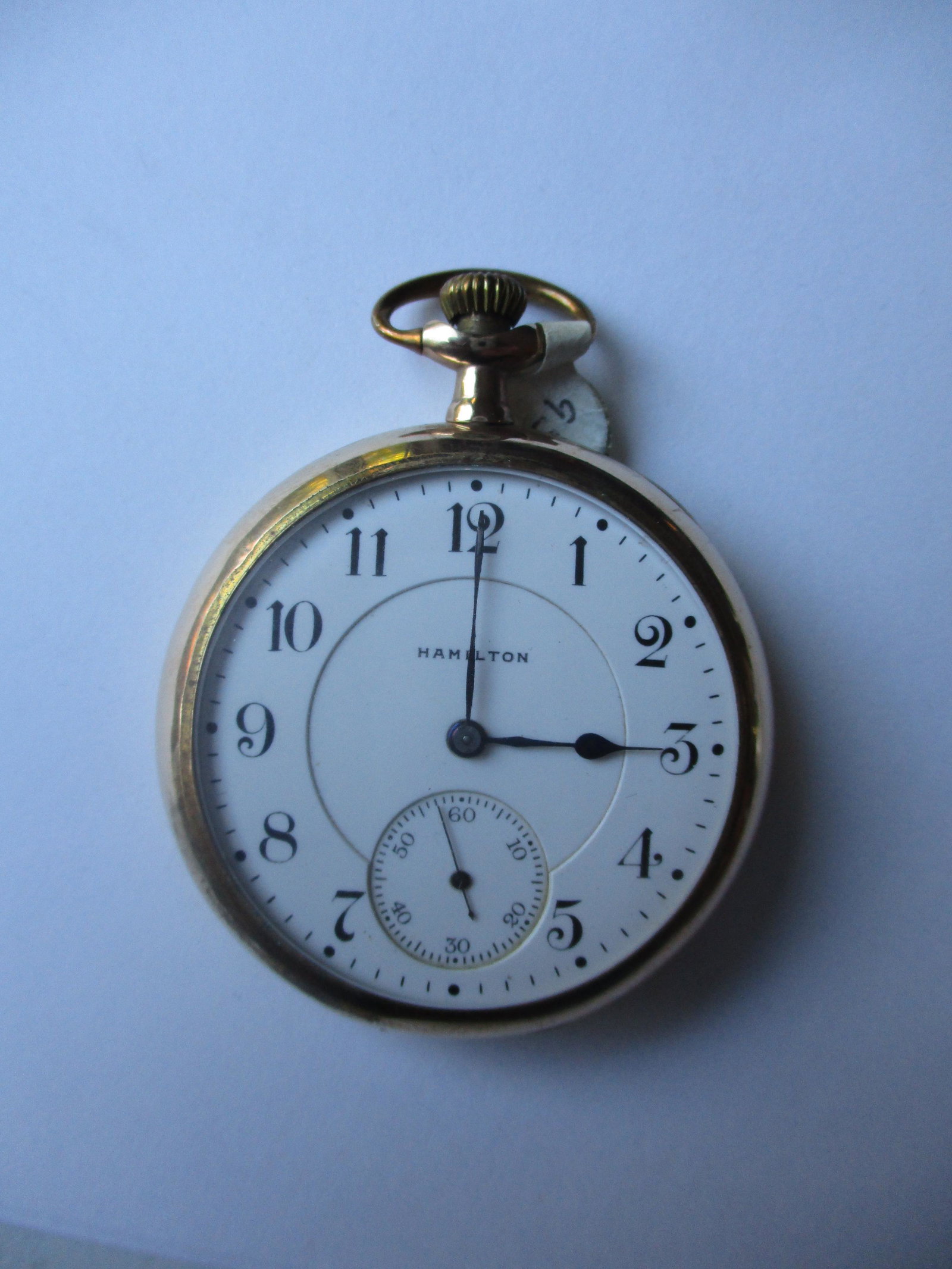 Hamilton 16S 17 Jewel Gold Plated Pocket Watch: s/n 1170827 (pocket watch tested to see that it runs for 10 seconds)