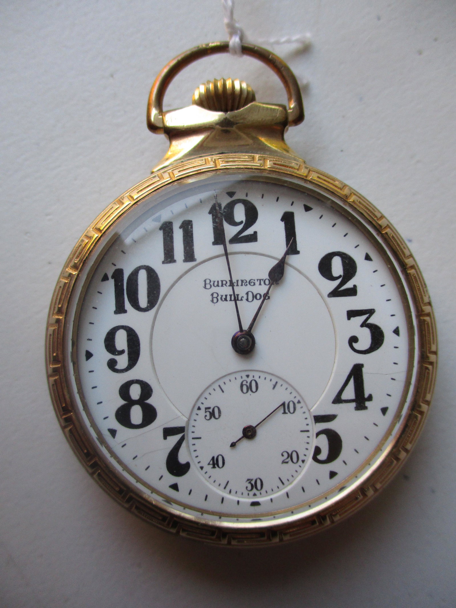 Burlington Bull Dog 16S 21 Jewel 14K Gold Filled Pocket: Has Moose on Reverse (pocket watch tested to see that it runs for 10 seconds)