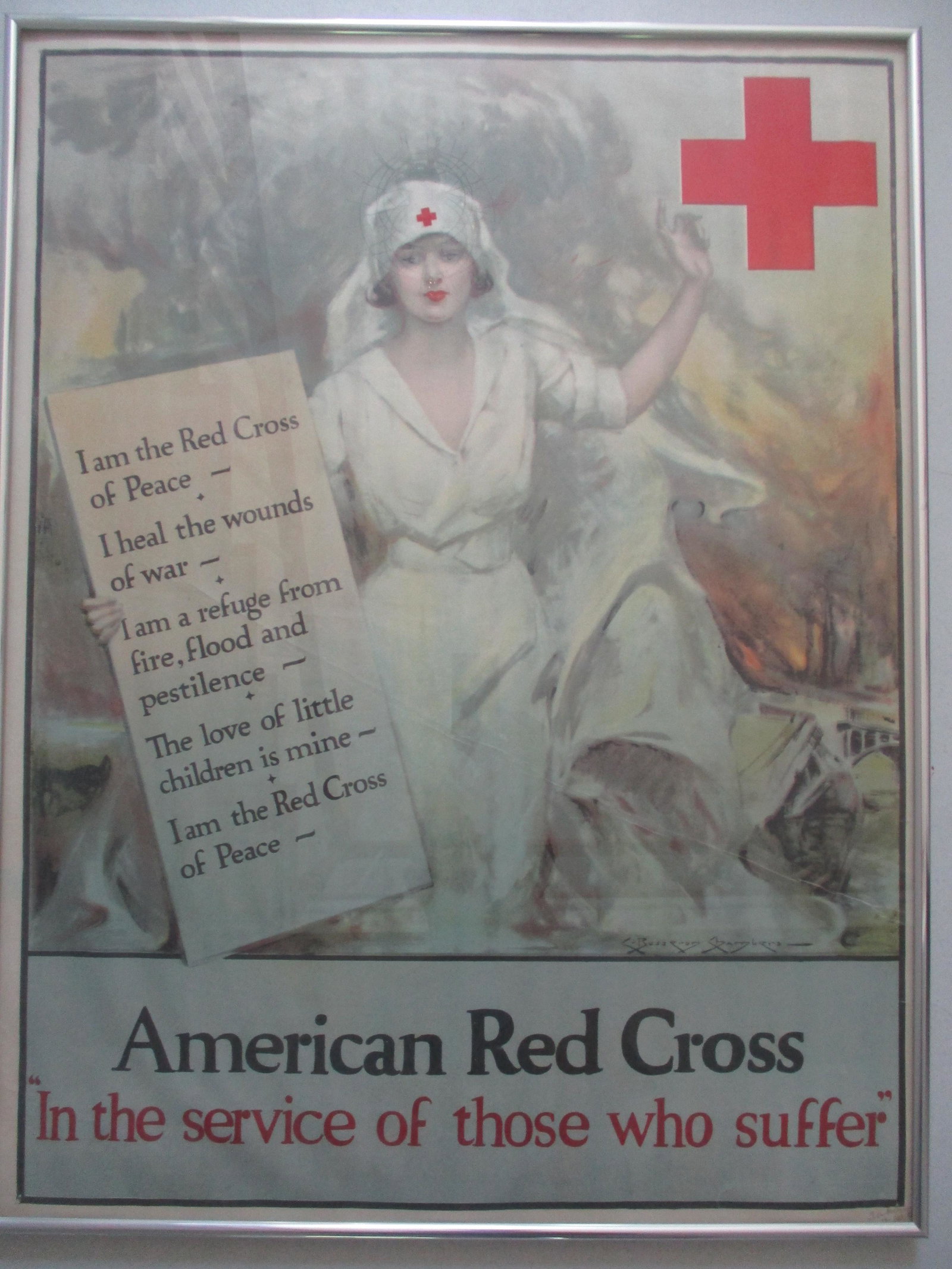 American Red Cross "In the service of those who suffer": Diagonal crease across - Frame 28" x 21" - Poster is Professional Framed