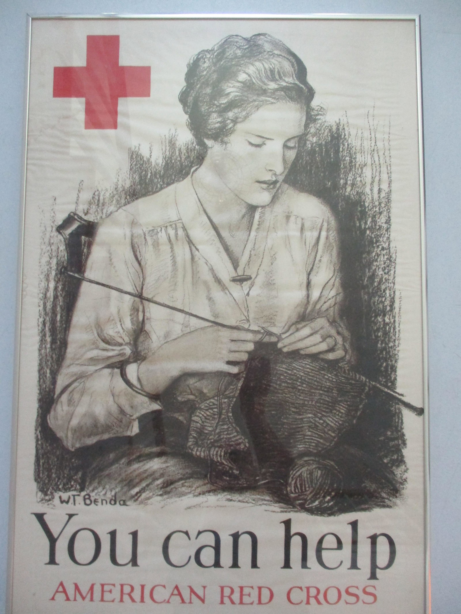 "You Can Help" American Red Cross Poster by W.T. Brenda: Some staining and wrinkling - Frame 30" x 20" - Poster is Professional Framed