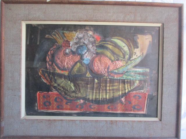 Fruit Bowl Still Life Metal Foil and Oil on Thin: with partial Carnegie Museum of Fine Arts Label - 20" x 29" Framed