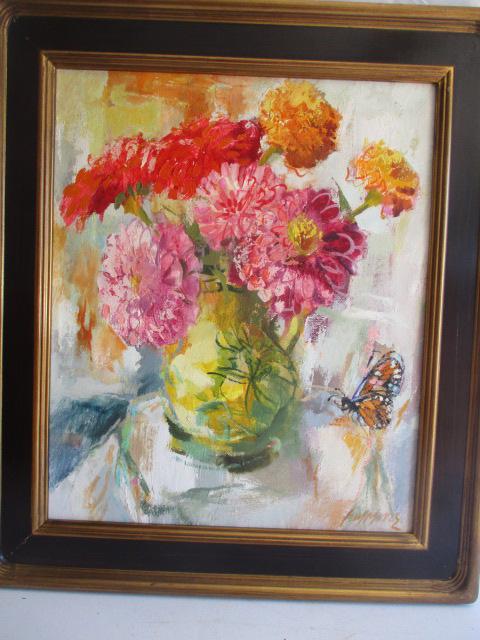 "Midsummer Zinnias" Oil on Jute Canvas by Fay Moore: 24" x 20" Framed
