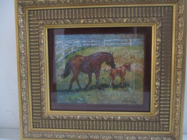 "Summer Foal (Bay Mare Ches. Foal)" Pastel and Gouache: by Fay Moore 8" x 10" Framed
