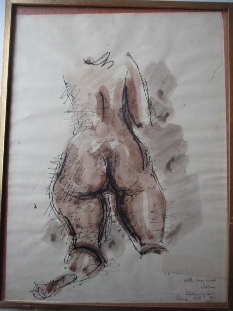 Female Nude Signed and Inscribed Print by Chaim Gross: 18" x 13" Framed - Bottom of Frame Detached